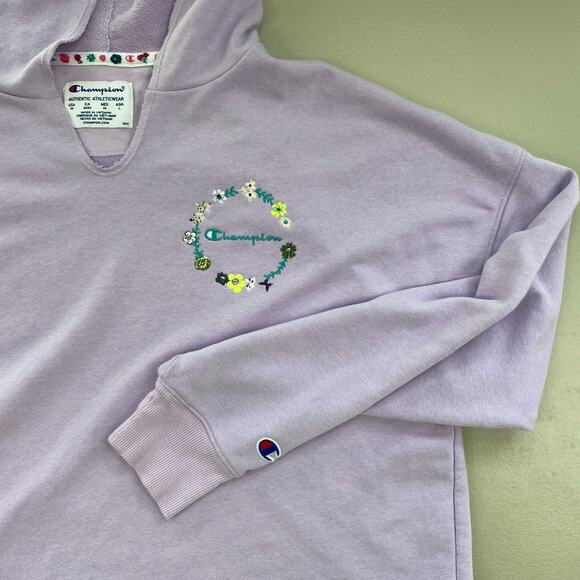 Champion Cropped Hoodie Sweatshirt Women Medium Pastel Purple Embroidered Floral - Picture 7 of 11